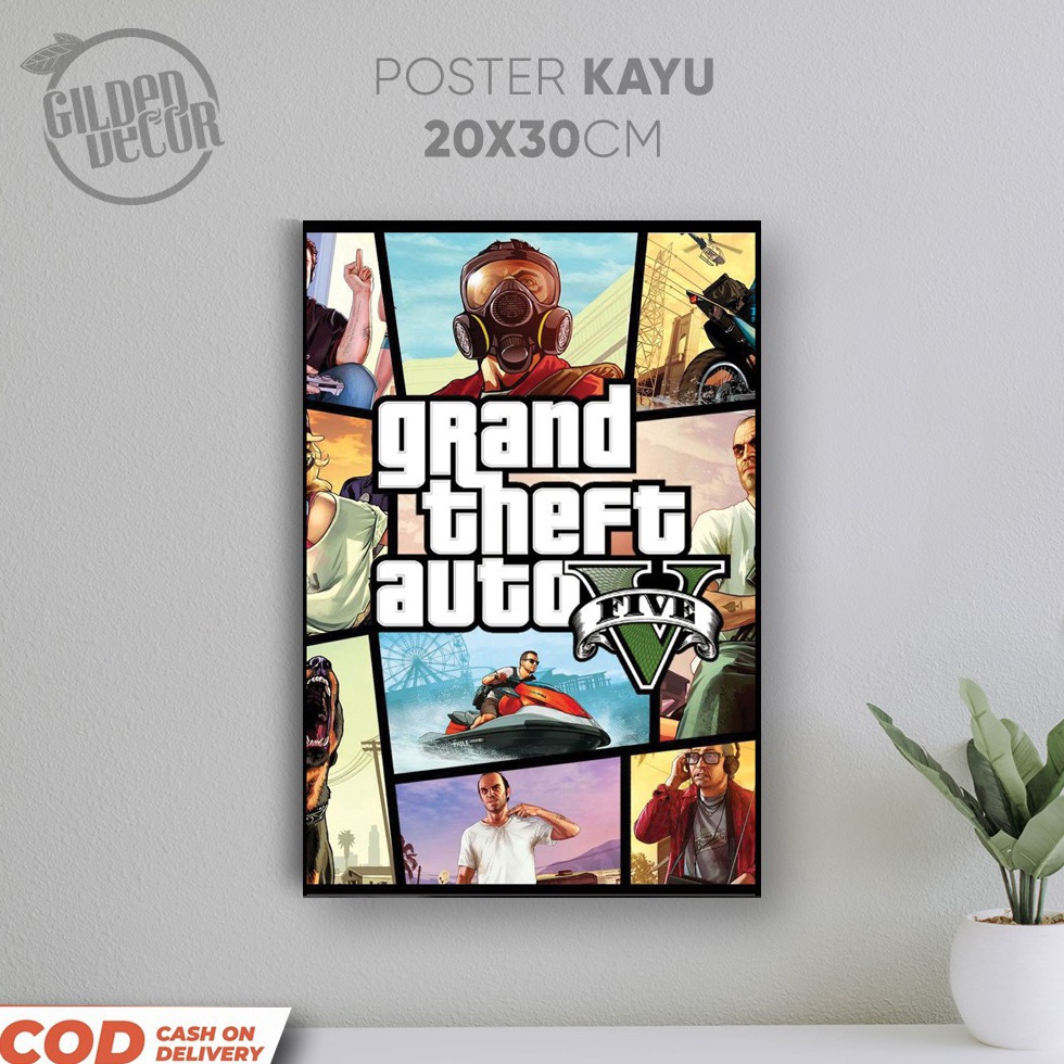 ★Grosir✫ LVJNT Hiasan dinding Poster Kayu Gaming Gamers 20x30cm GG005 GTA V Grand Theft Auto ps3 ps4