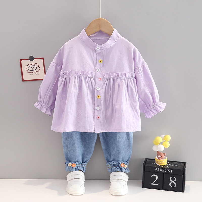 BBI FATIMAH Setelan anak perempuan set atasan kemeja bayi cewek lengan panjang celana jeans model baju muslimah korean style kekinian terbaru motif bunga simpel import kualitas premium cocok untuk jalan OOTD harian usia 1 6 tahun 7091-06