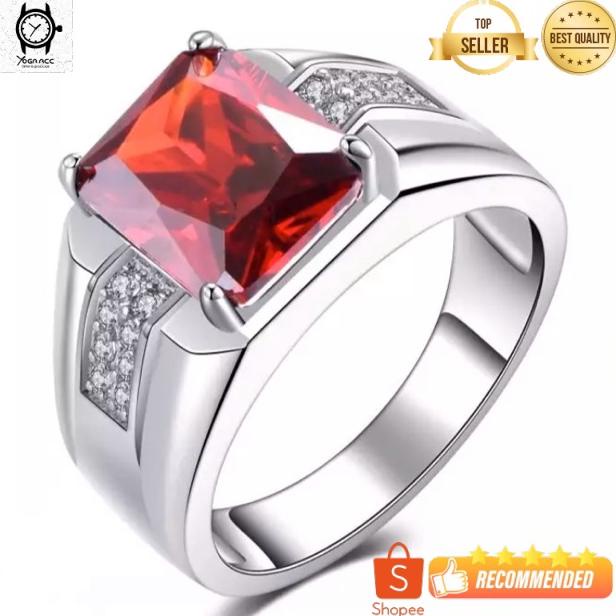 Terbaru Cincin Pria Perak Red Ruby Merah Siam Minimalis Kantoran Mewah Elegan