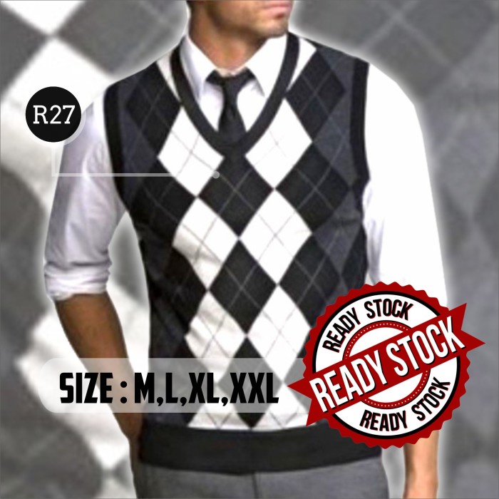Terlaris Rompi Rajut Motif Kotak Abu Putih Hitam - R27 Rompi Modis Vest Pria