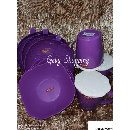 Grosir Asvita 9 12 Pcs Paket Cantik Piring Set Mangkok Dan Gelas Plastik Hijau 9Pcs 12Pcs Ungu