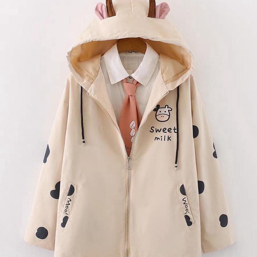 TERLARIS SWEET MILK COW ZIPPER JACKET HOODIE TOPI TELINGA LUCU (PH) 
