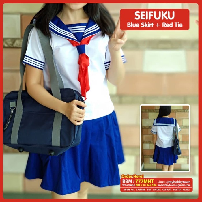 TERBARU Seifuku / Seragam Sekolah Jepang Putih - Biru - Dasi Merah Rok Pendek /SERAGAM
