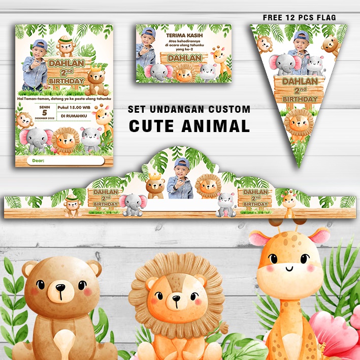 Set Undangan Ulang Tahun + Topi + Thx Card Cute Animal CUSTOM / FOTO