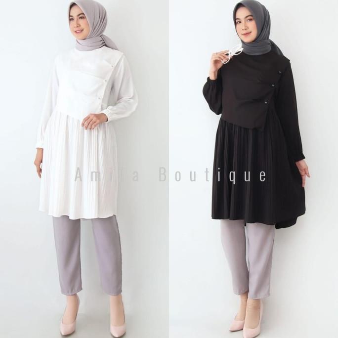 Atasan Tunik Muslim Wanita / Trish Blouse Panjang Hitam Putih Layer
