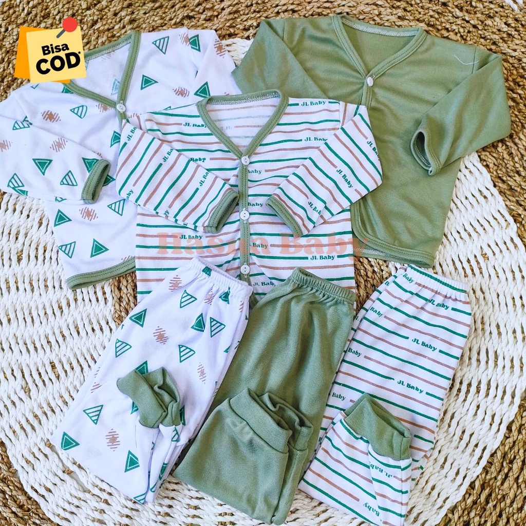 Paket 6Pcs, Setelan Baju Bayi Baru Lahir Lengan Dan Celana Panjang Baby Newborn Gift Set Seri Hijau Sage- Juragan Lebak