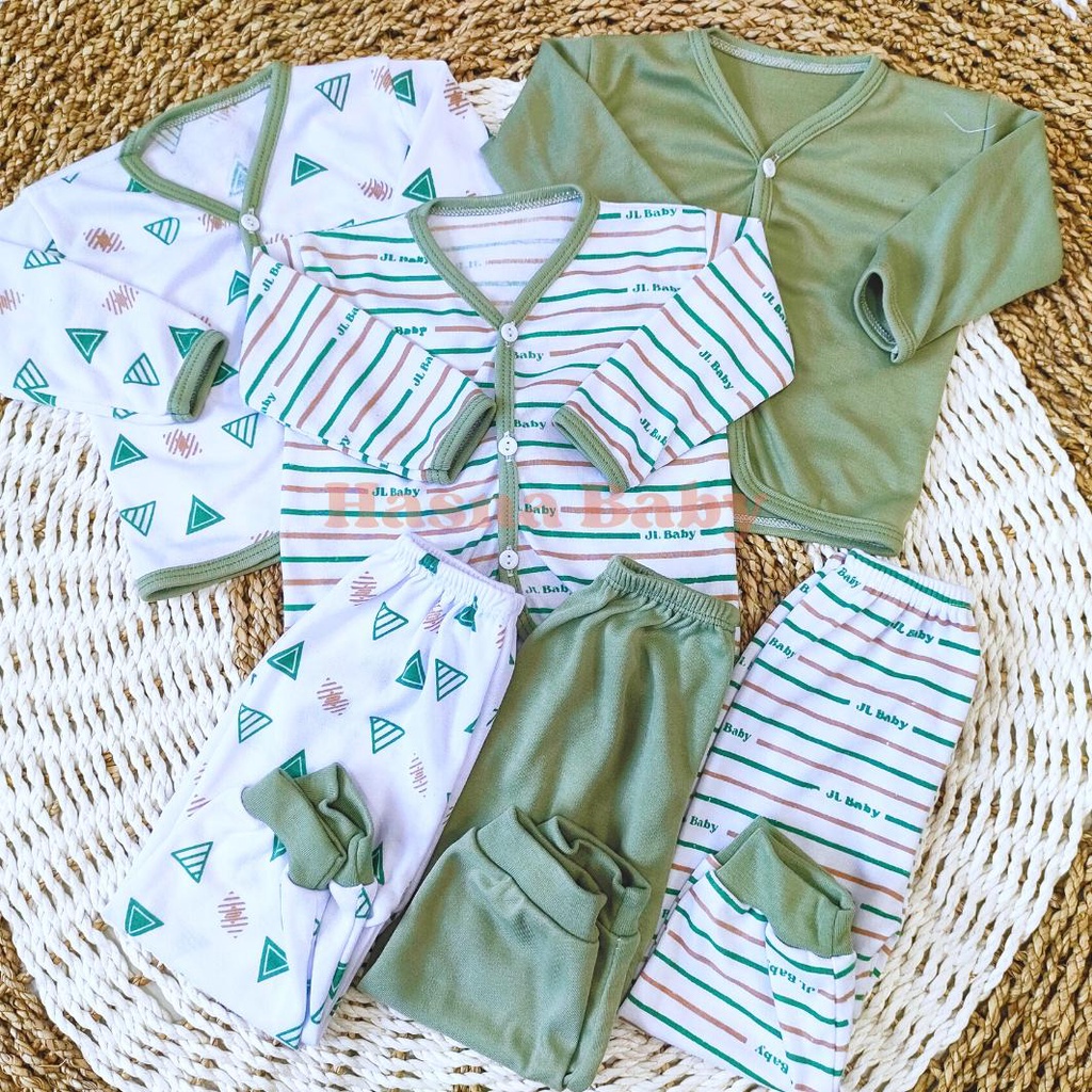 Paket 6Pcs, Setelan Baju Bayi Baru Lahir Lengan Dan Celana Panjang Baby Newborn Gift Set Seri Hijau Sage- Juragan Lebak