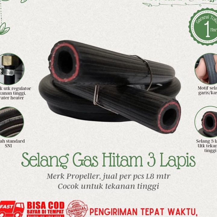 murah Selang Gas LPG 3 Lapis Merk Propeller warna hitam motif kasar/garis harga per 1.8 mtr