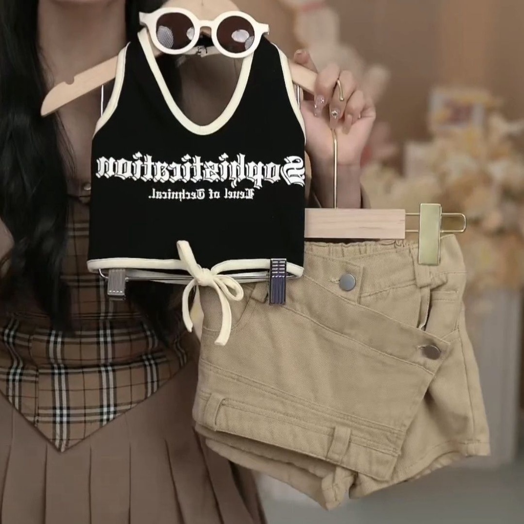 Jas Anak Perempuan 2023 Musim Panas Baru Anak Alfabet Retro Menggantung Tali Leher Rompi Kecil Wanit