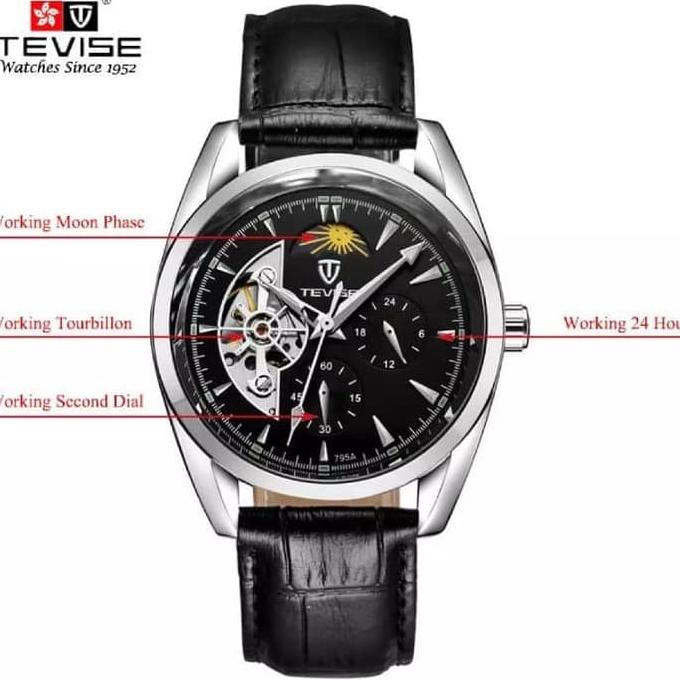 NAW845 Jam Tangan Mekanik Automatic Tevise Tourbillon Fase Bulan Silver Black ++