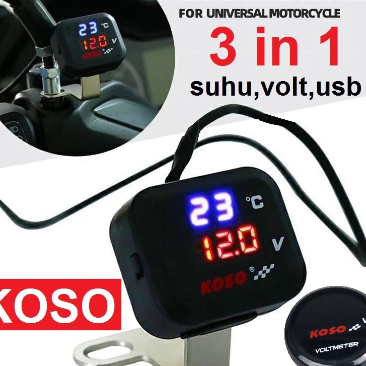 ✰ Voltmeter Koso 3 In 1 USB Charger Universal SEMUA MOTOR Anti Air Original Termometer Digital Jam S