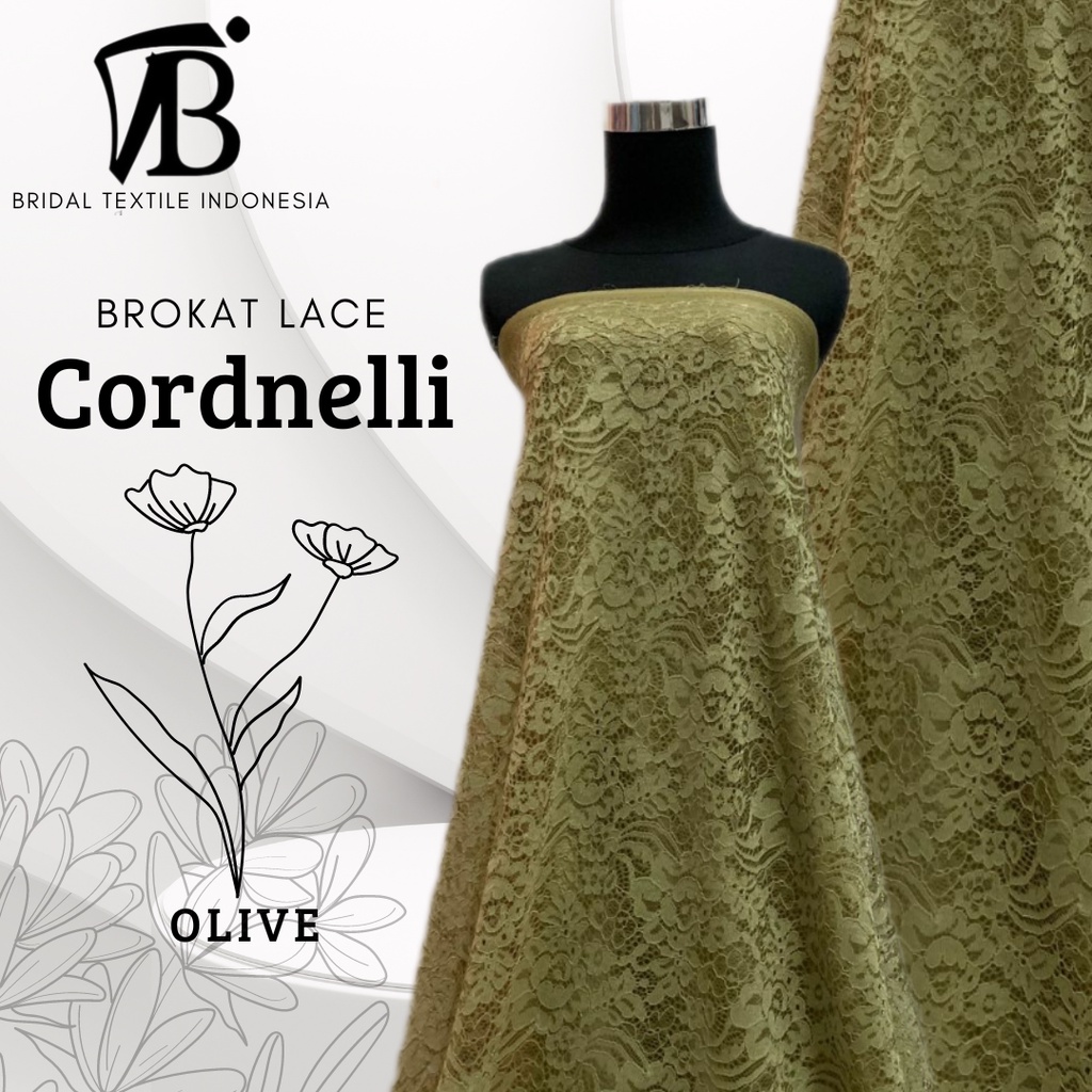 Bahan Kain Brokat Brukat Lace Cord Cordnelli Corneli Elegan Mewah Warna Hijau Olive Sage Green