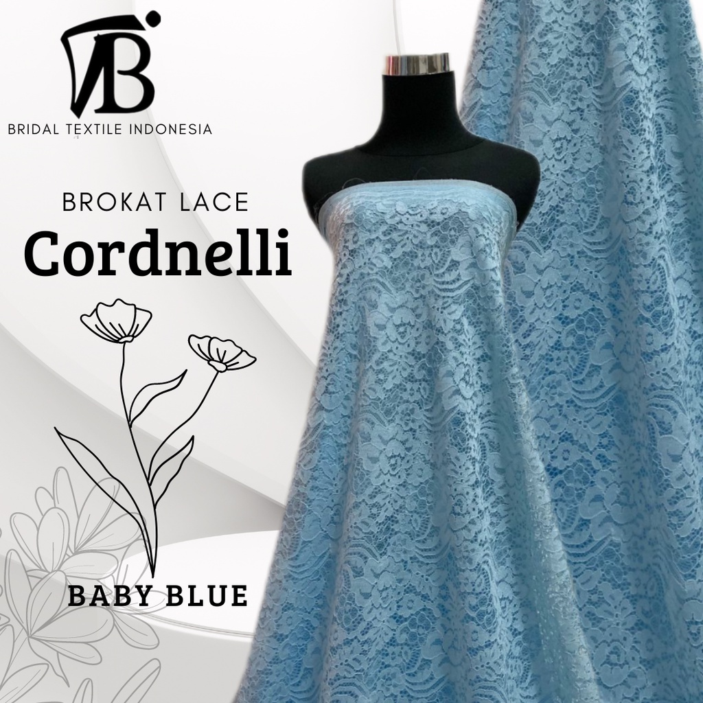 Bahan Kain Brokat Brukat Lace Cord Cordnelli Cornely Elegan Mewah Warna Biru Muda Ice Sky Baby Blue