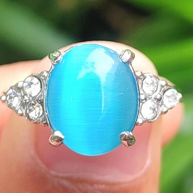 ~~~~~] Cincin Titanium Wanita Batu Akik Cat Eye Mata Kucing Biru Top color