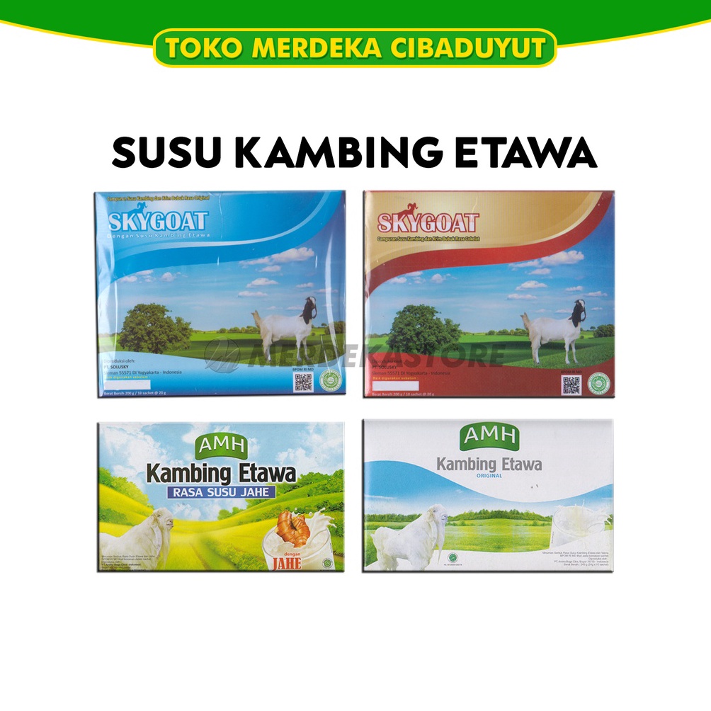 

Diskon Promo.. Susu Kambing Etawa Bubuk Full cream SKYGOAT / SKY GOAT / AMH Vanila Jahe Coklat | 1 box 10 sachet @ 20 gram 08X