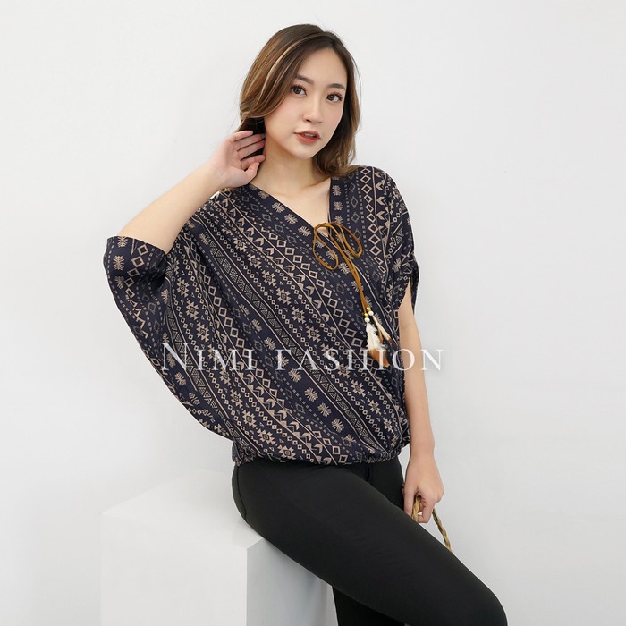 BLOUSE WANITA NIMI - Bohemian Etnik Motif Tribal - Navy M4K6 baju blouse wanita terlaris fashion ber