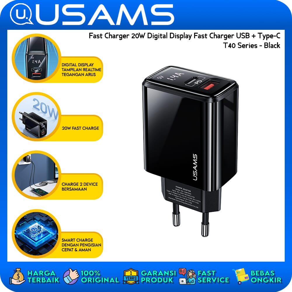 USAMS 20W Digital Display Fast Charge Adaptor USB + Type-C iPhone T40