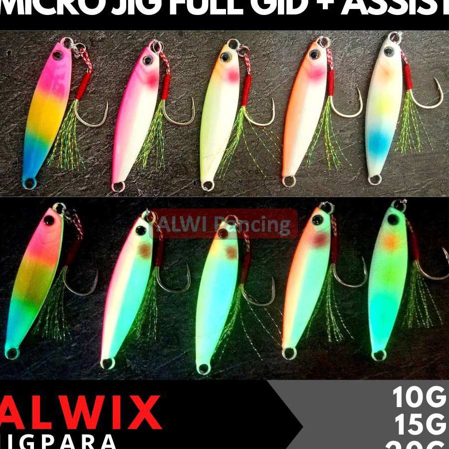 ✶Murah☍ MGSDH ALWIX Umpan Metal JIG Full GID + Assist Hook 10gr 15gr 20gr ~ Micro Metal Jig UL GID U