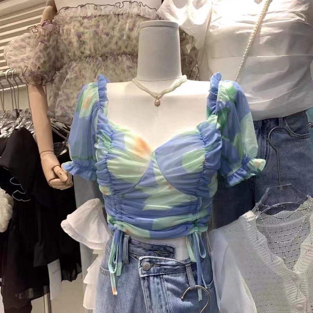 Kemeja Sifon Pendek Berlipat Telinga Kayu Cetak Ikat Celup Elegan Kemeja Bahu Terbuka Potong Wanita 