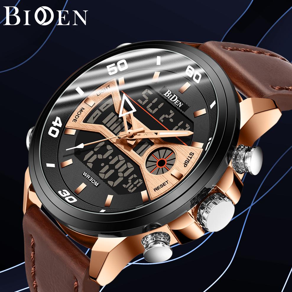 COD BIDEN Jam Tangan Pria Olahraga Anti Air Jam Analog&Digital Tali Kulit Minggu/Tanggal/Waktu Ganda