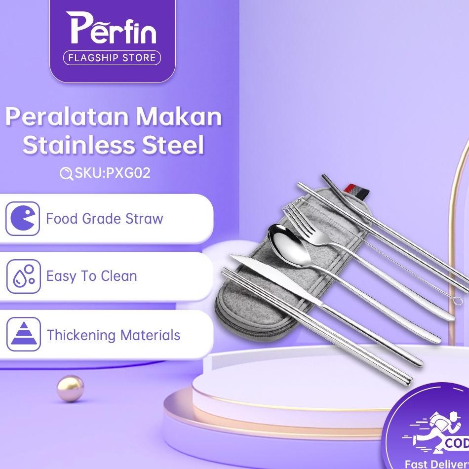 ➼ Perfin PXG01/PXG02 Sedotan Stainless & Cutlery travel set # Silver p Terbaru ★.