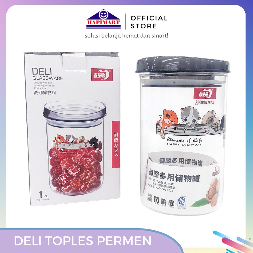 Deli Glassware Toples Permen/Toples Camilan Kaca Gambar Kucing Lucu