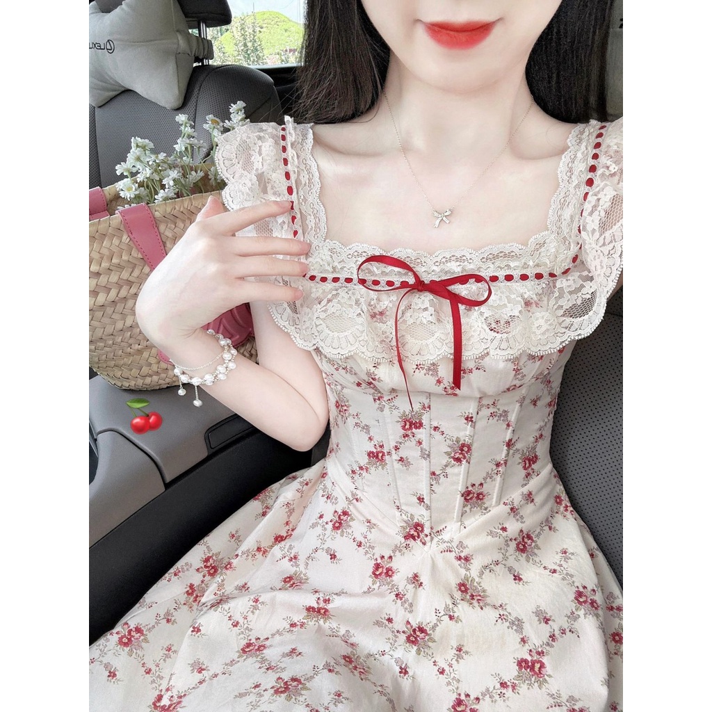 Floral dress Gaun musim panas kasual baru French sweet dress women 2023 summer new heavy industry la