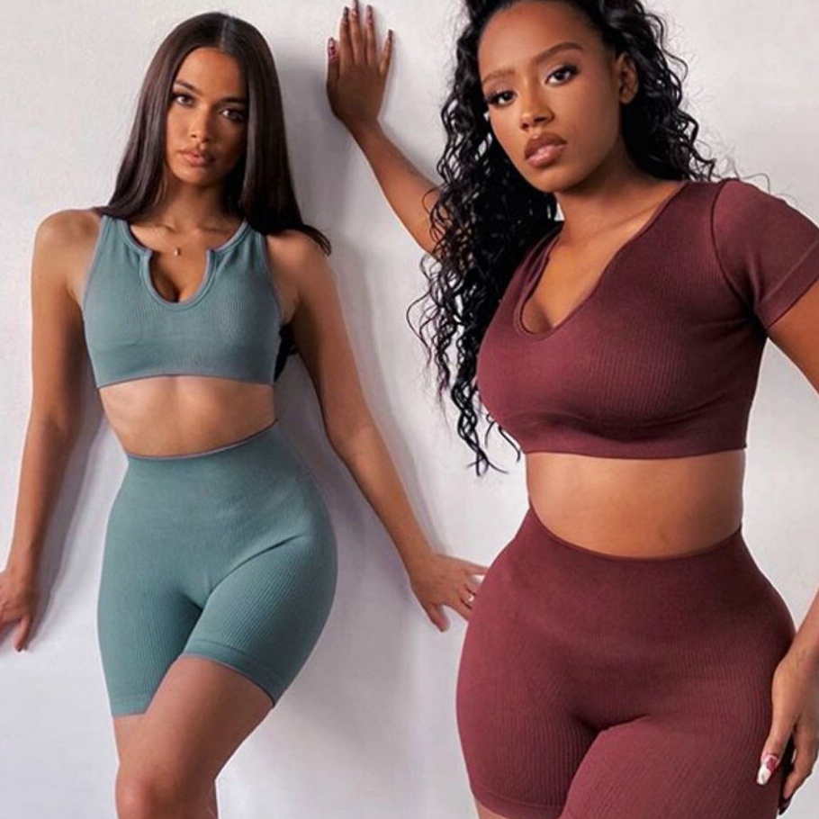 Terbatas YNTCR Setelan & Crop top set sport bra legging rib knit pakaian dalam yoga gym fitness baju