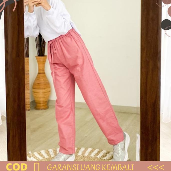 Celana Panjang Pants Wanita Pinggang Karet Linen Korea