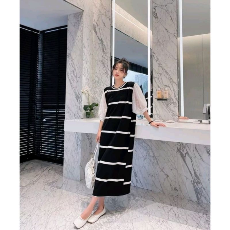 Dress Drop Waist Stripe ALISHA Lengan Pendek Special Baru Murah -  Gaun Midi Import Bahan Katun Moda