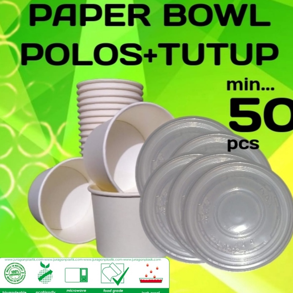 TKNJ5588 【murah】 Paper Cup Bowl Polos Putih Plus Tutup  isi 25 pcs Mangkok Kertas Mie Ayam Tahan Pan