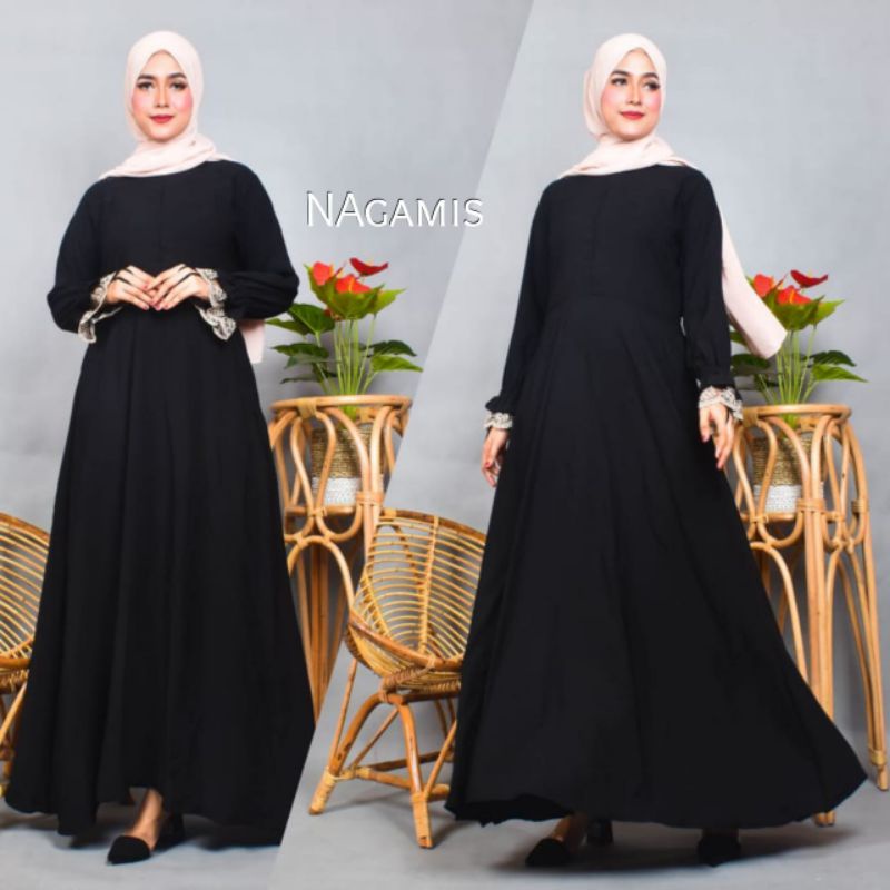 Gamis Jetblack Premium tangan renda/itycrepe premium (free vest)