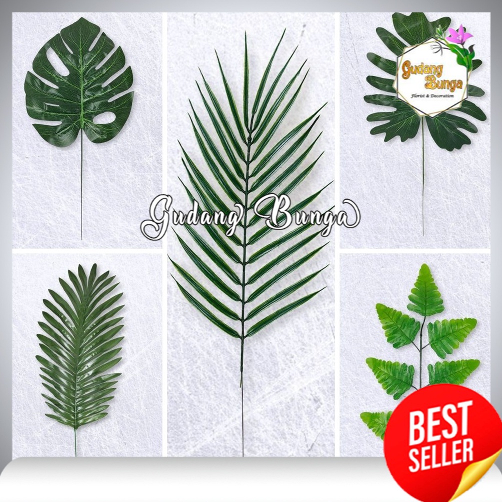 COD 1 LUSIN  (12 PCS) DAUN PALEM  MONSTERA PAKIS ARTIFICIAL/ PALM LEATHER FERN PLASTIK DEKORASI MURA