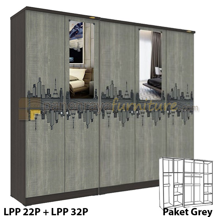 PAKET Lemari Pakaian 5 Pintu Romaro LPP22P + LPP32P (Grey)