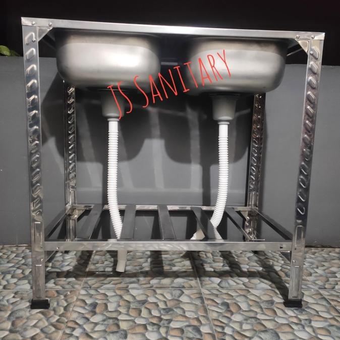 Paket Bak Cuci Piring Meja Stainless + Kran Kaki Portable 2 Lobang