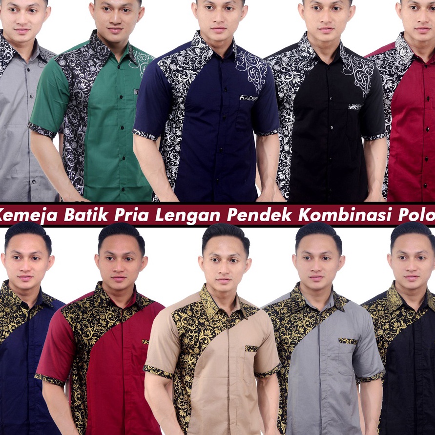 12.12 Flash Sale Kemeja Batik Pria Kombinasi Polos - Baju Batik Pria Kombinasi Polos Lengan Pendek 
