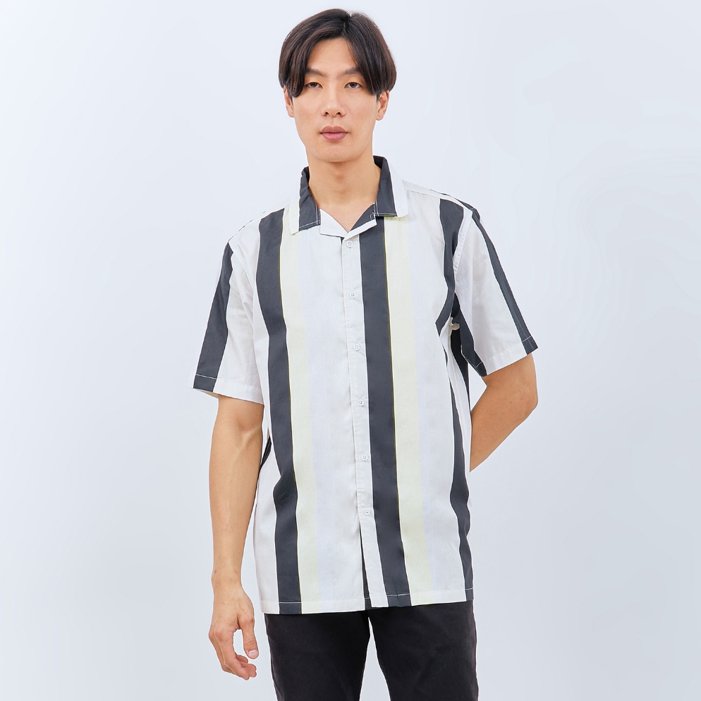 TERMURAH!. M231 Kemeja Pria Stripe Hawaii Pendek Putih 2850