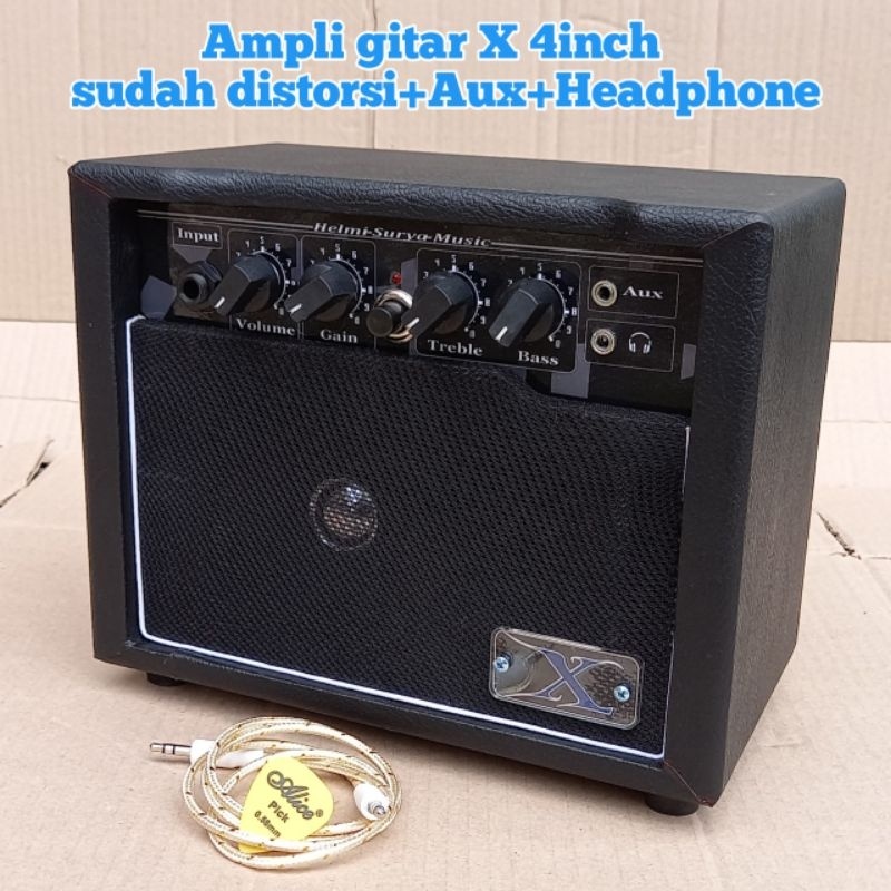 KI2 AMPLI GITAR - AMPLI GITAR X MINI 4INCH SUDAH DISTORSI + HEADSET+ AUX + MIC DAN BONUS KABEL AUX +