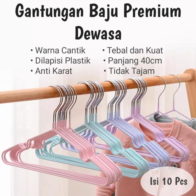 {{{{{{] Gantungan Baju Dewasa Lapis Karet Hanger Stainless Makapal isi 10Pcs