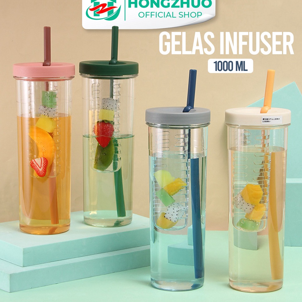 ♪↔✴❆ Hongzhuo Botol Minum Transparan Infused Water Botol Minum Sedotan Lipat Botol Minum Buah 1000ml