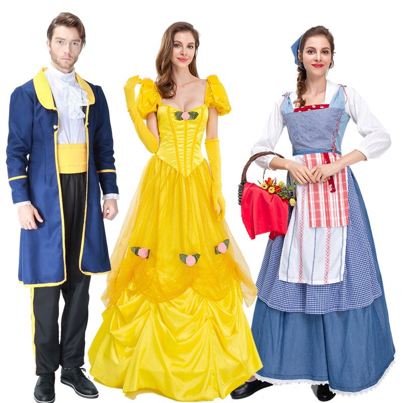 ☇☢Beauty and the Beast Princess Belle Dress Dewasa Disney King Bermain Kostum Maid Bahasa Perancis O