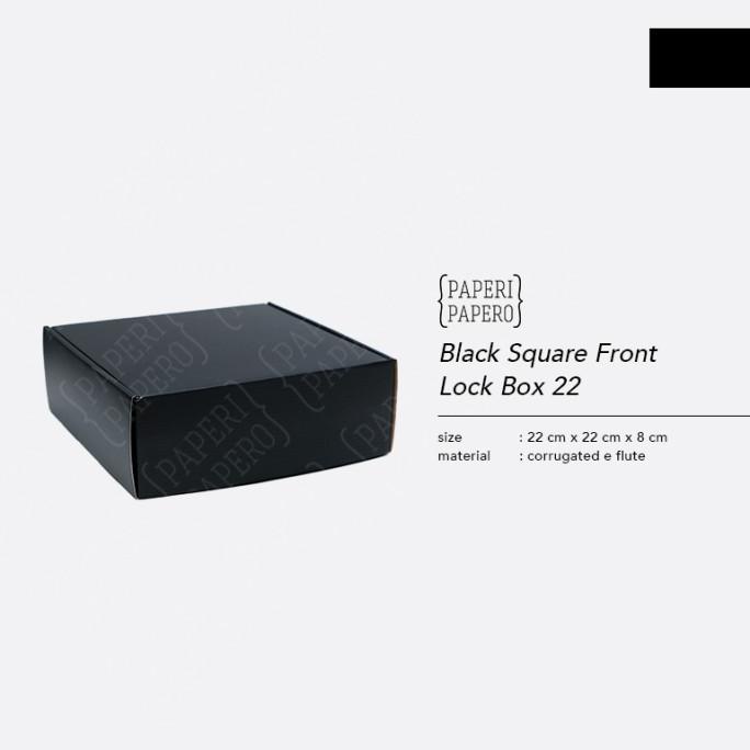 :=:=:=:=] Black Square Front Lock Box 22x22x8 cm Kardus Packaging Hampers Hitam