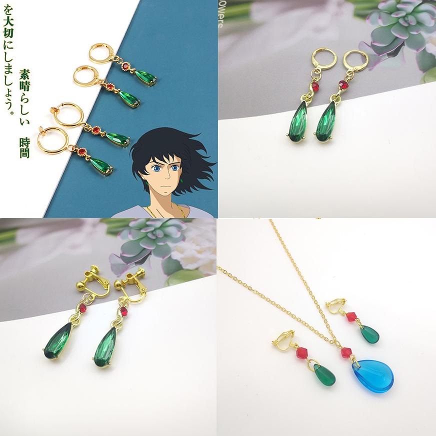 Terbaru Anting Kait Gantung + Kalung Rantai Dengan Liontin Batu Emerald Bentuk Kastil Howl 'S Moving