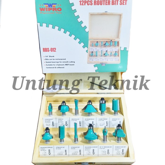 nice WIPRO Mata Profil Set 12 Pcs Router Bit Set 1/4" Kotak Kayu Lengkap