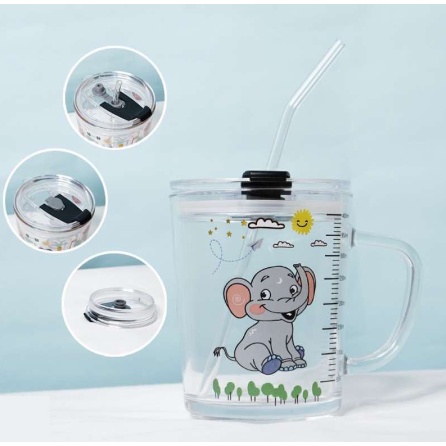 (GS) Gelas Anak Kaca Bening Dengan Gagang Dan Tutup AB56 / Gelas Anak Anti Bocor Murah / Gelas Mug Tumbler Motif Imut Free Sedotan