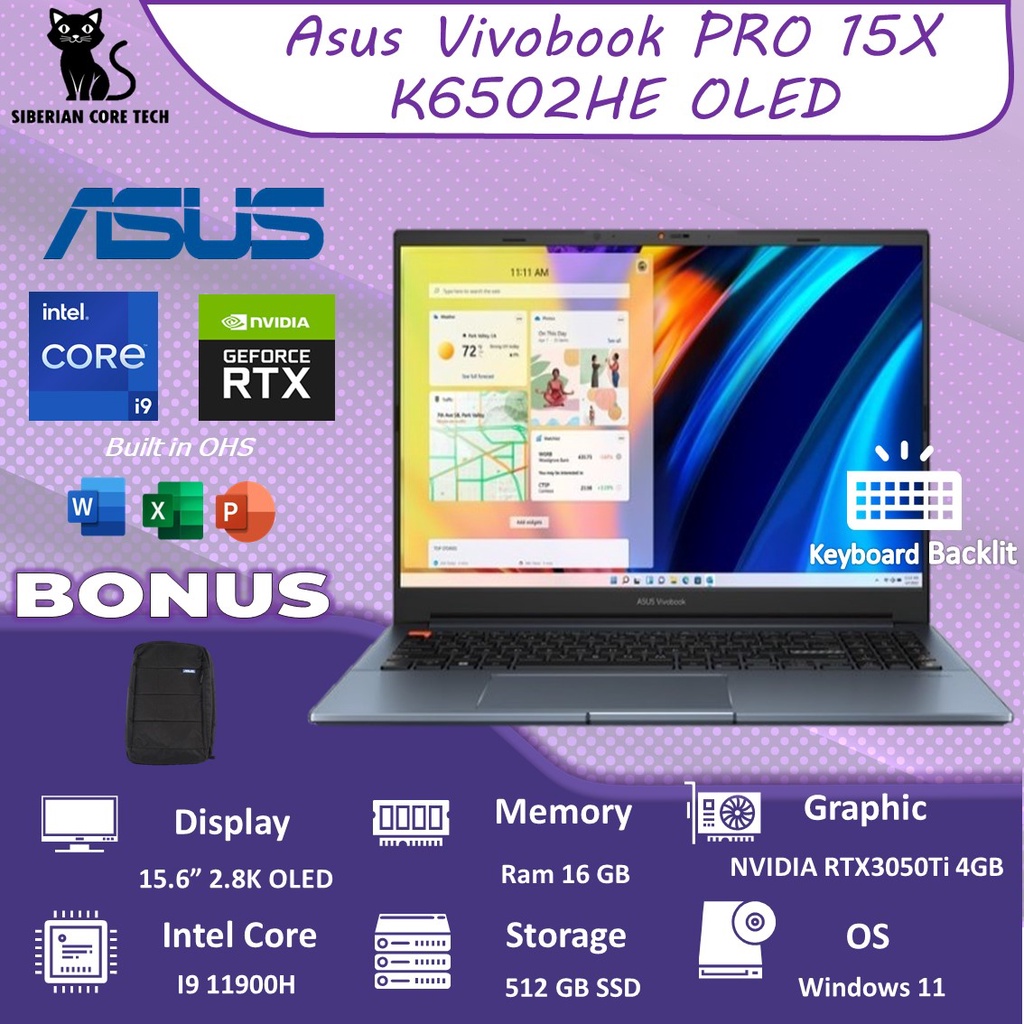 ASUS VIVOBOOK PRO 15X OLED K6502HE OLEDS951 RTX3050TI 4GB/ I9 11900H 16GB 512SSD W11+OHS 15.6 2.8K BLU