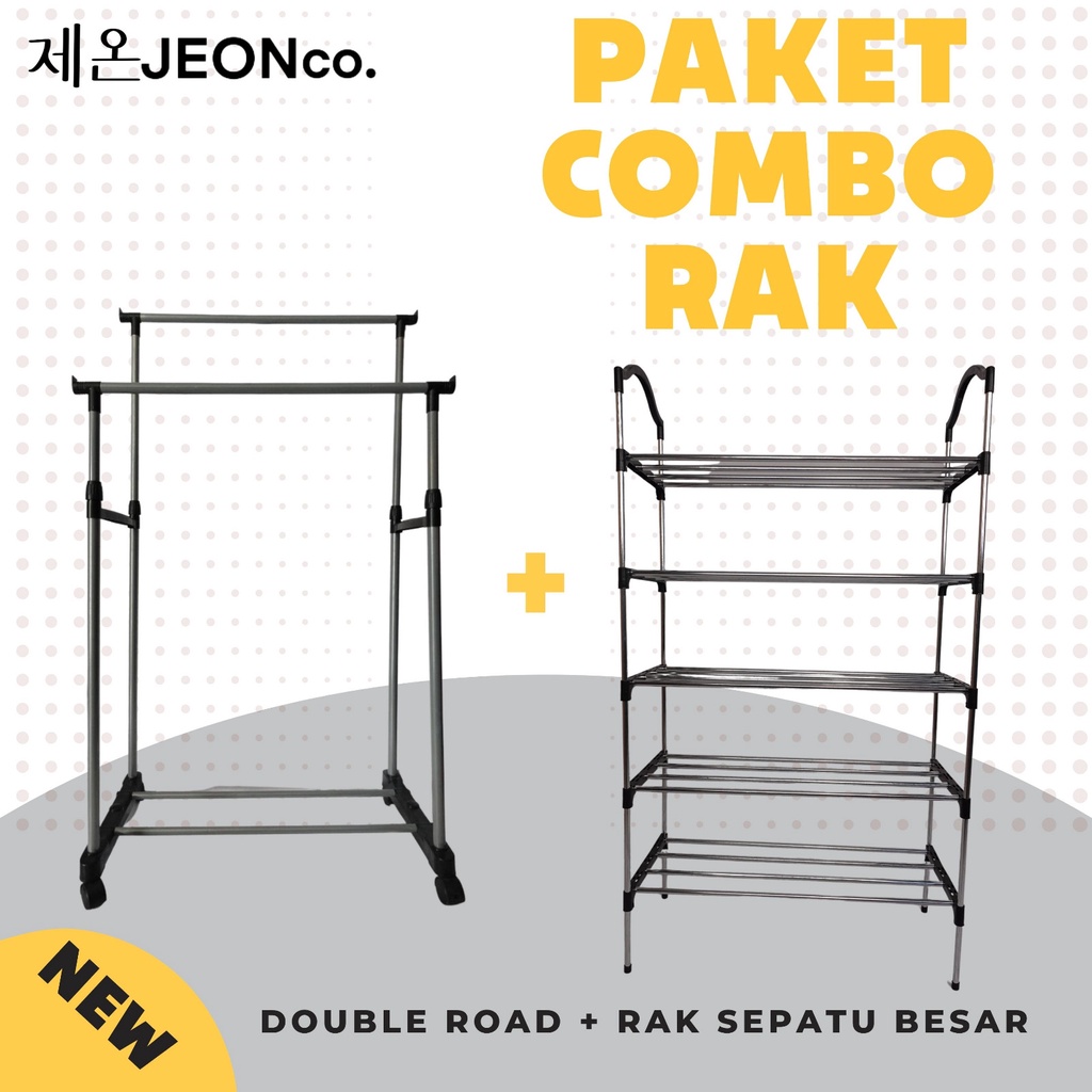 Paket Combo Rak Sepatu Besar Hitam 5susun Portable Plastik/Besi Multifungsi Tempat Sepatu Sandal Simple Murah + Double Rod  Gantung 2 Lapis Dan Single Rod Shoes Rak Serbaguna Baju Gantungan Roda Laundry Pajangan Display Stand Hanger