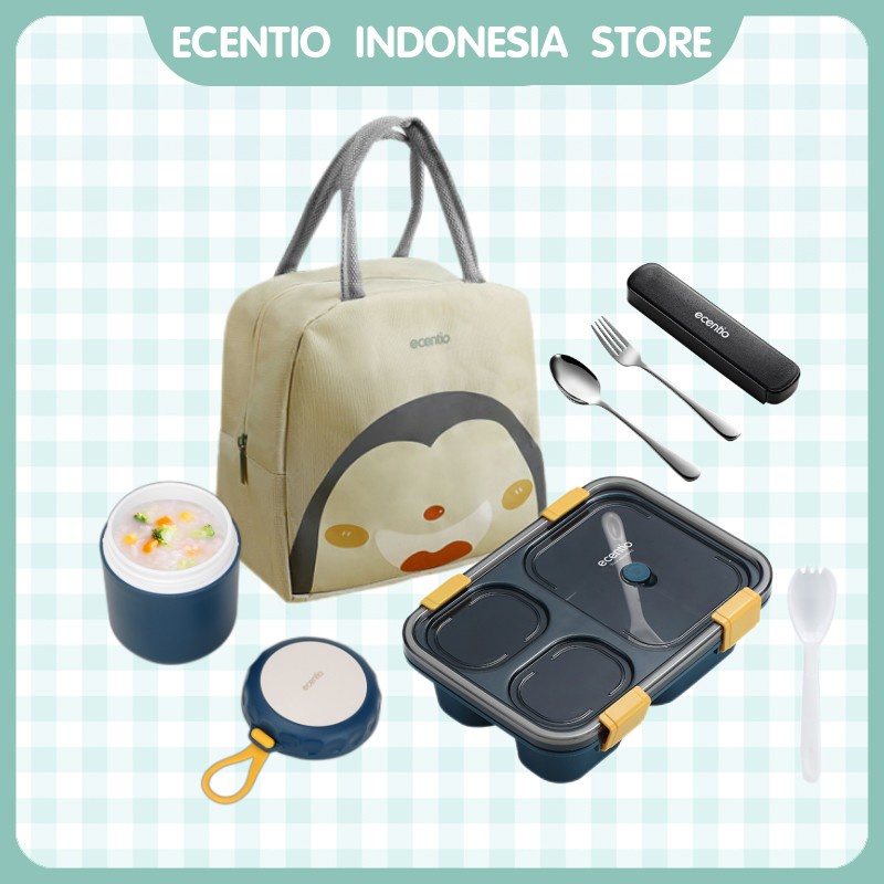 ecentio lunch box set 850ml/400ml Mangkuk sup set/kotak makan set/lunch bag set /free Sendok&amp;sumpit&amp;garpu