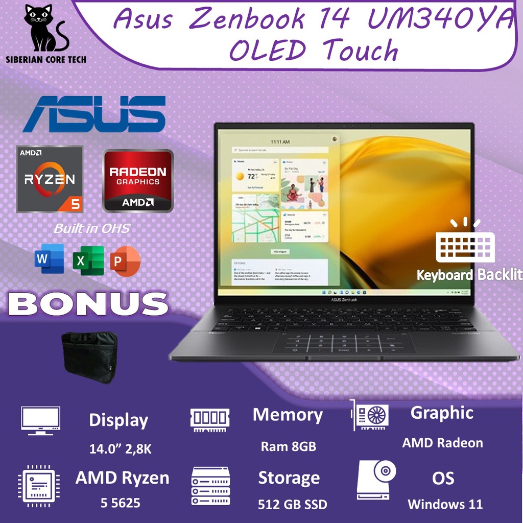 ASUS ZENBOOK 14 OLED UM3402YA OLEDS552 TOUCH RYZEN 5 5625 8GB 512SSD VEGA7 W11+OHS 14.0 2.8K FP BLK