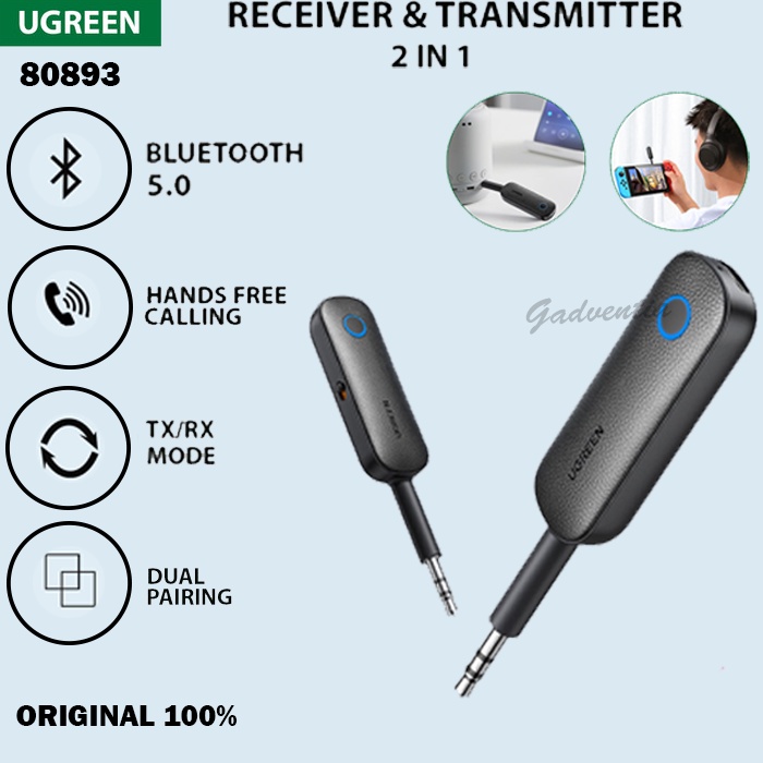 UGREEN 80893 Adaptor Audio Wireless Bluetooth 5.0 with Aux 3.5mm 2in1 Dual Device Transmitter untuk 